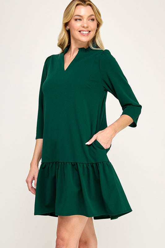 Solid ruffle neck dress