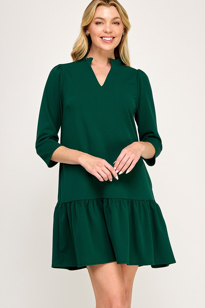 Solid ruffle neck dress