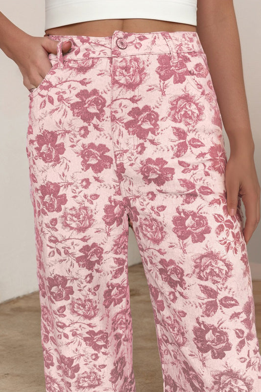 Vintage Floral Print Denim Shift Pants