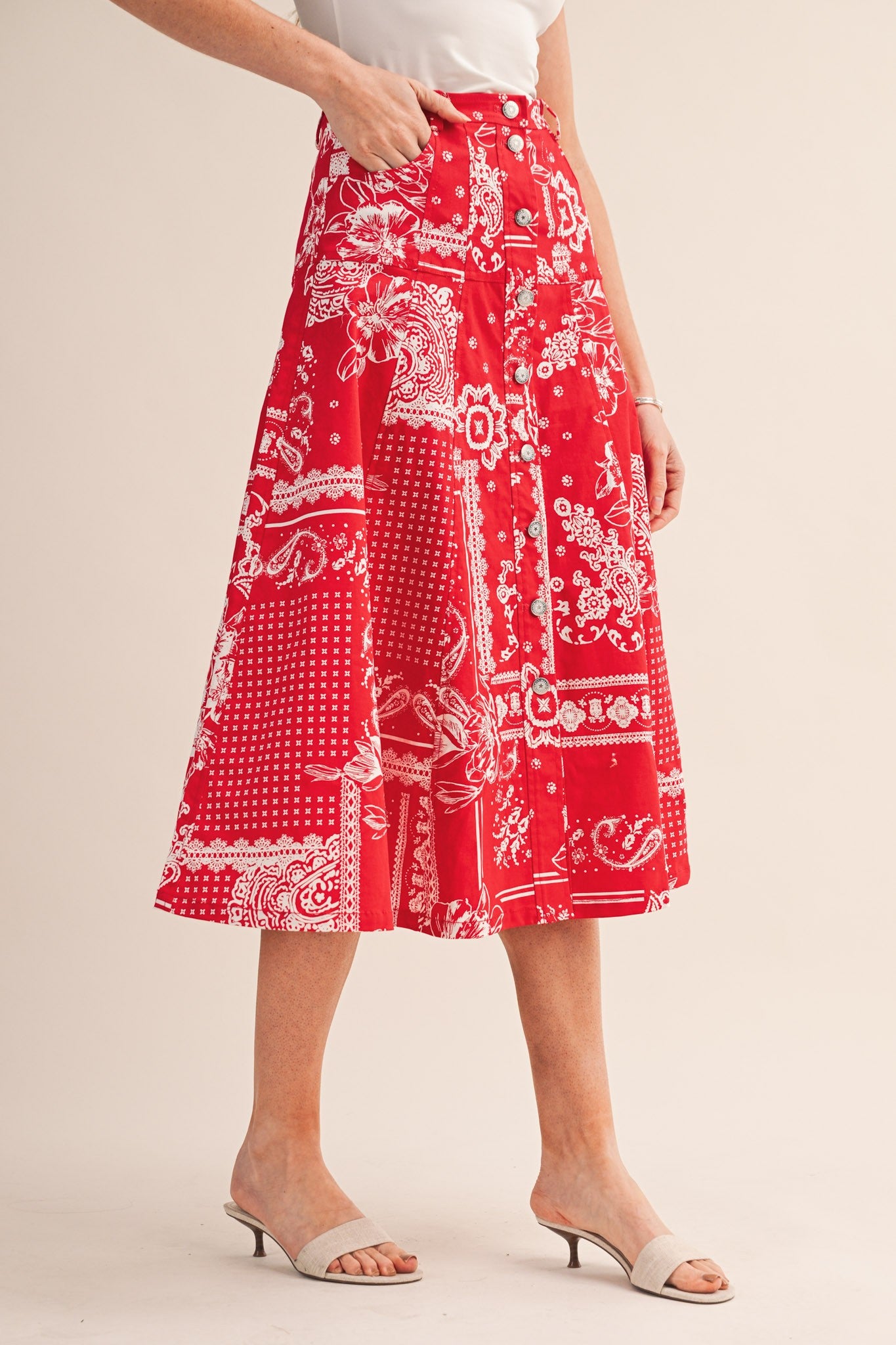 Paisley Denim Button Down Midi Skirt
