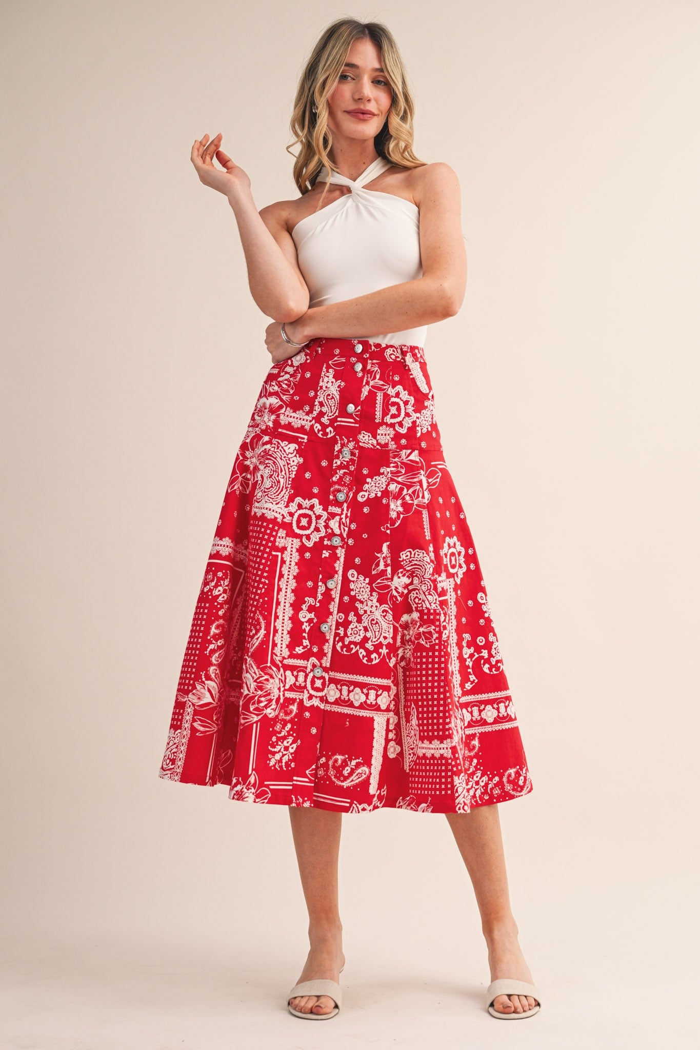 Paisley Denim Button Down Midi Skirt