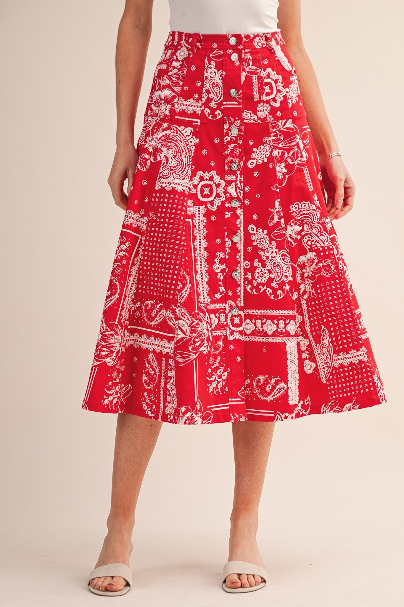 Paisley Denim Button Down Midi Skirt