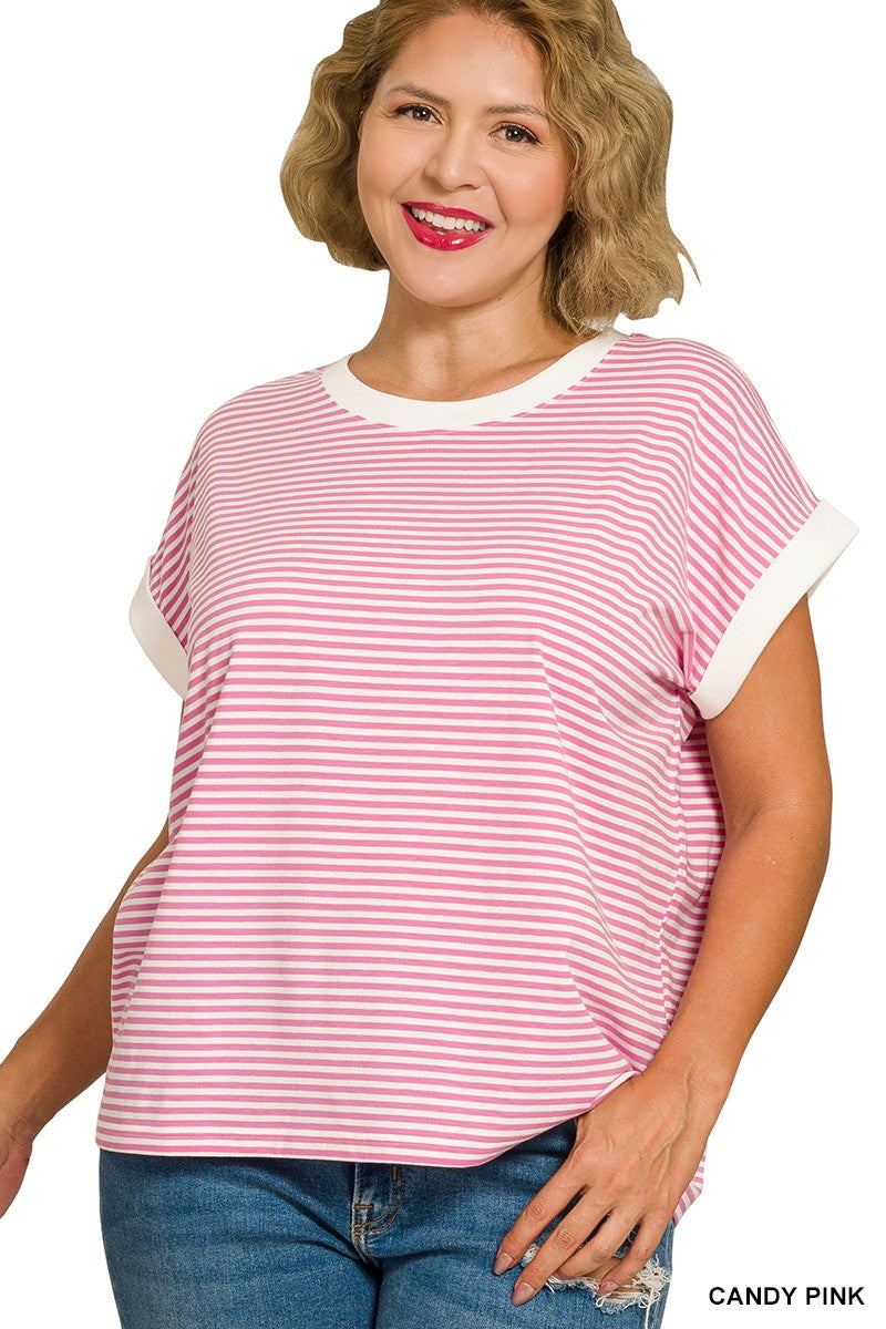 Plus Stripe Contrast Trim Top