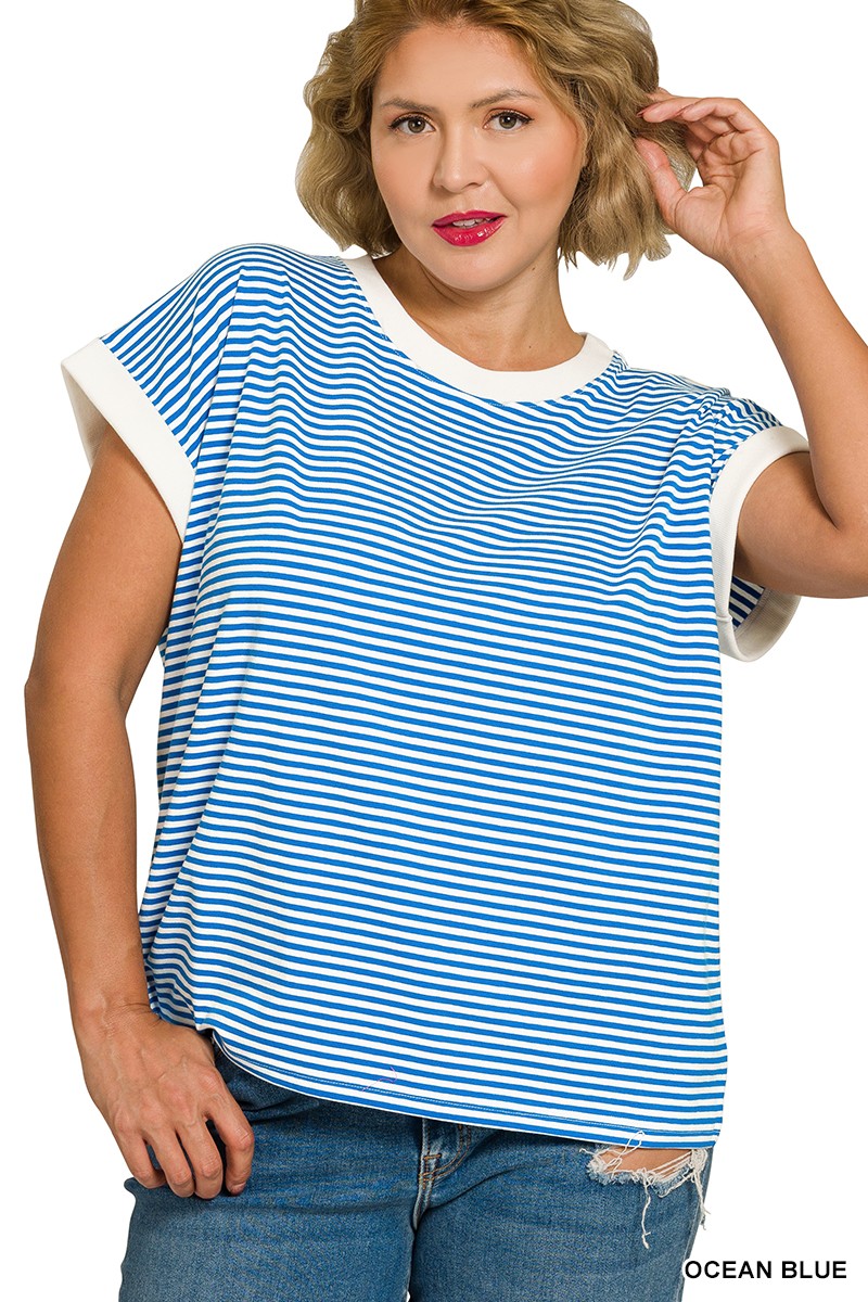 Plus Stripe Contrast Trim Top