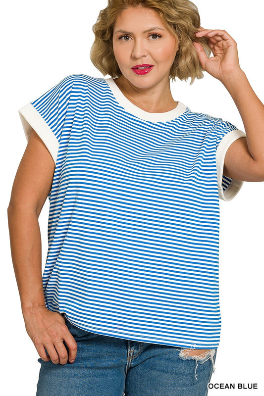 Plus Stripe Contrast Trim Top