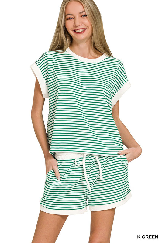 Stripe Contrast Trim Top & Shorts Set