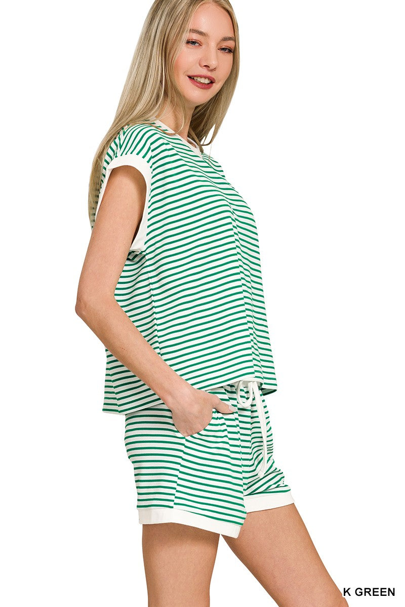 Stripe Contrast Trim Top & Shorts Set