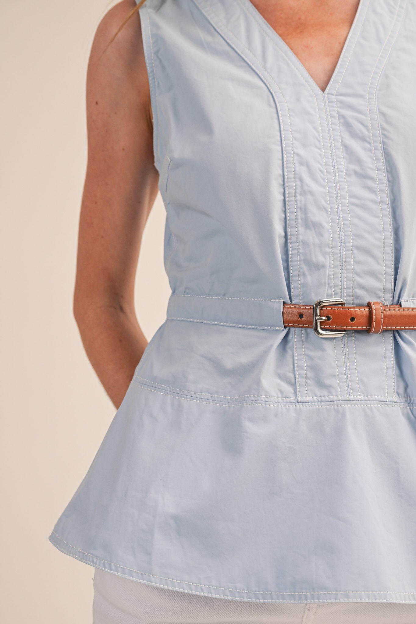 Sleeveless Belted Peplum Top