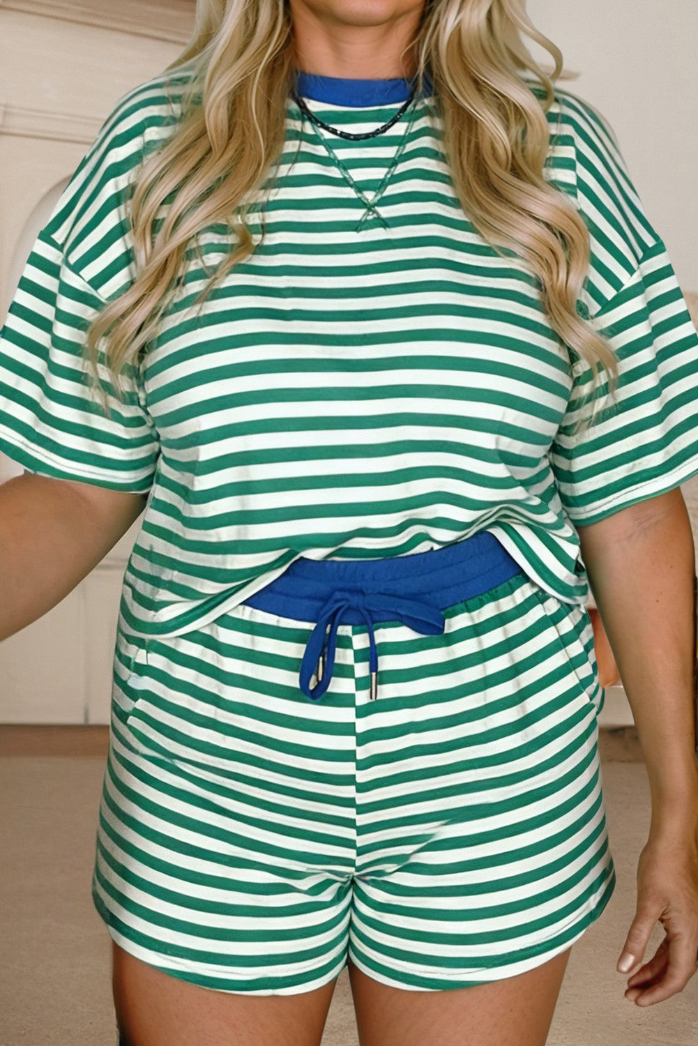Stripe Drawstring Elastic Waist Plus Size Set