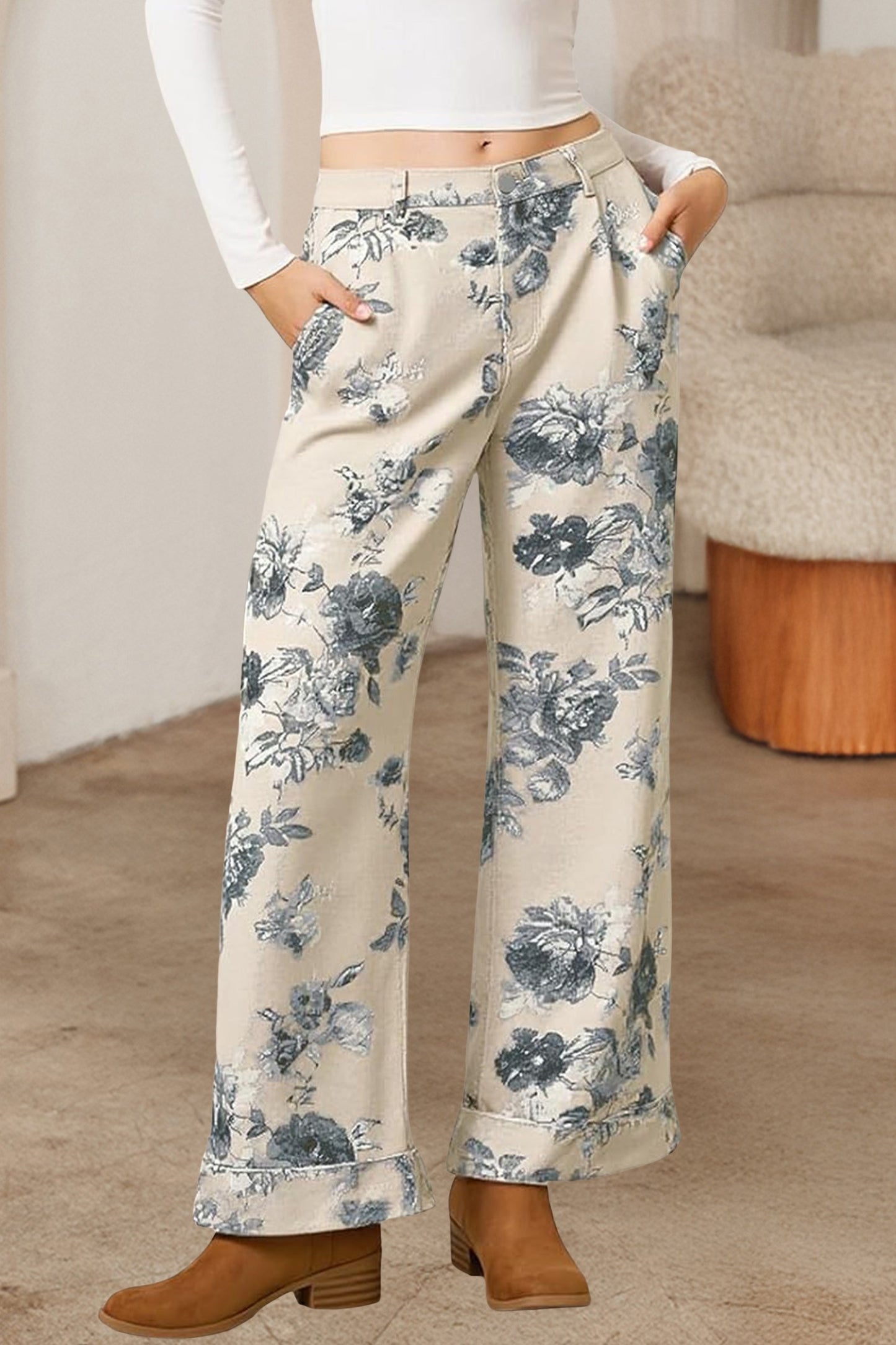 Floral Print Wide-leg Denim Pants