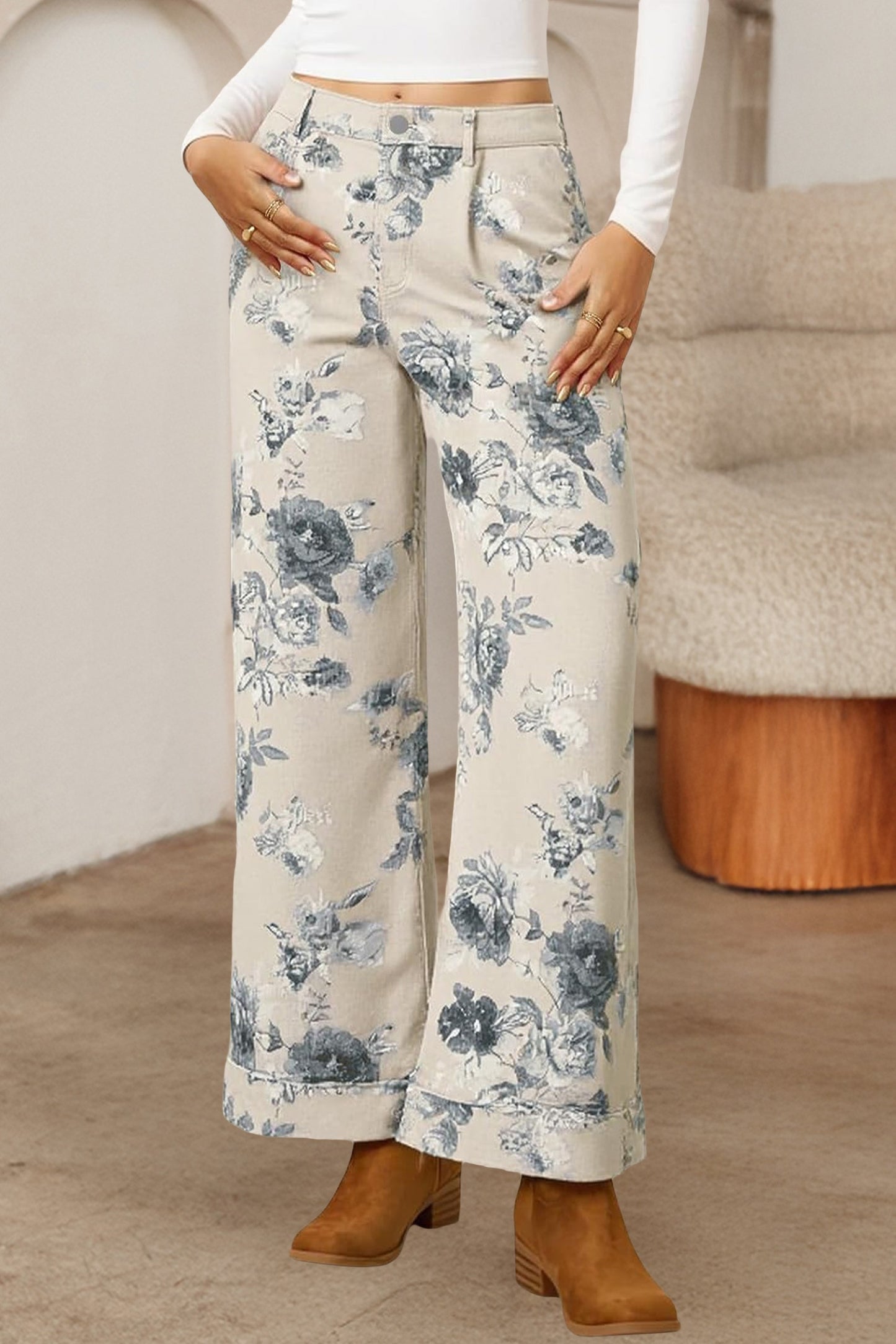 Floral Print Wide-leg Denim Pants