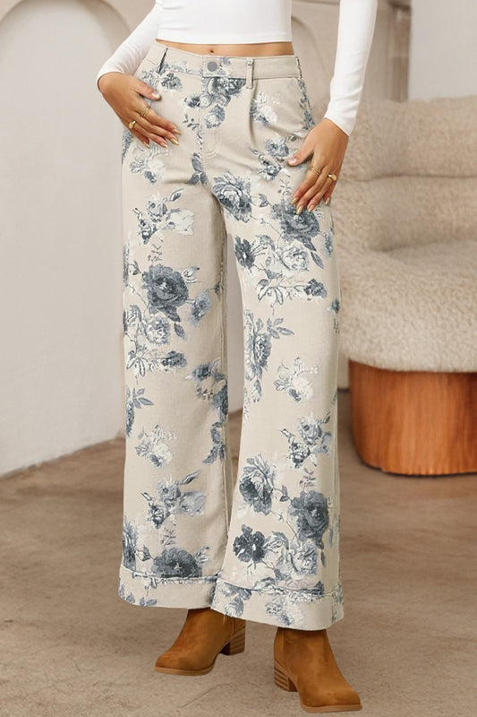 Floral Print Wide-leg Denim Pants
