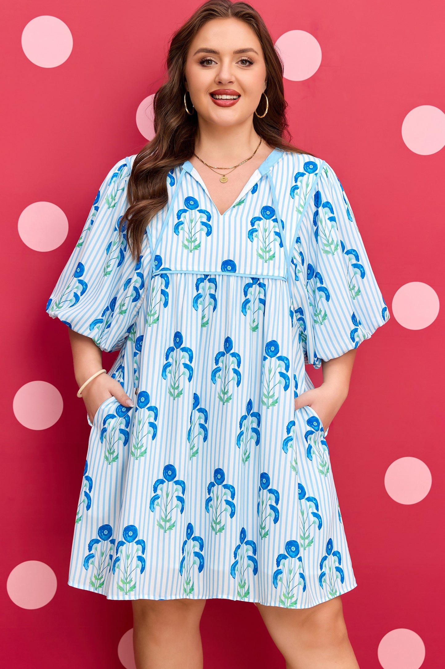 Floral Striped Bubble Short Sleeve Plus Size Dress