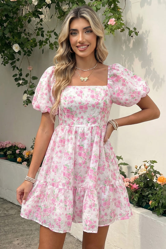 Floral Print Square Neck Ribbon Knot Back Cute Mini Dress
