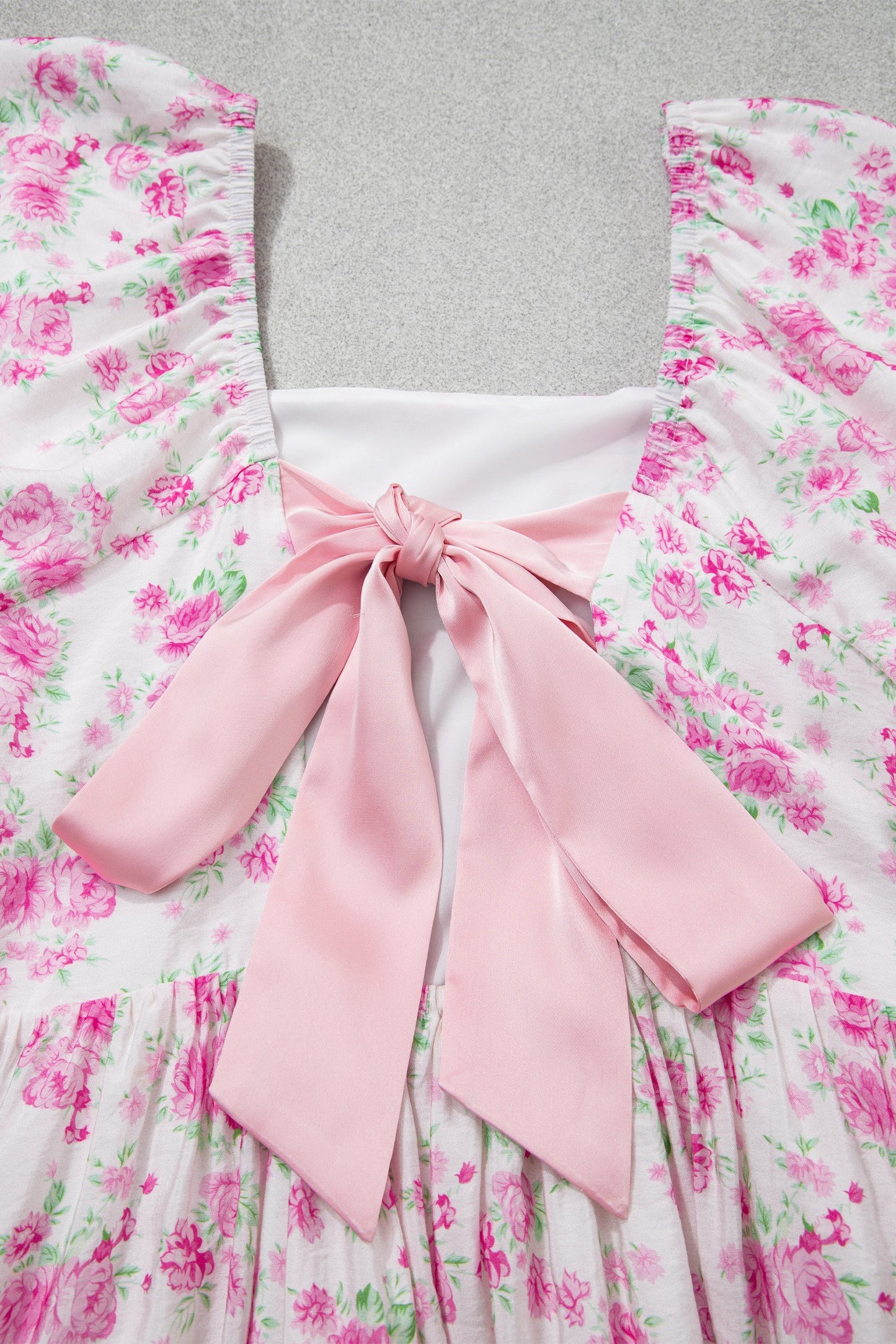 Floral Print Square Neck Ribbon Knot Back Cute Mini Dress