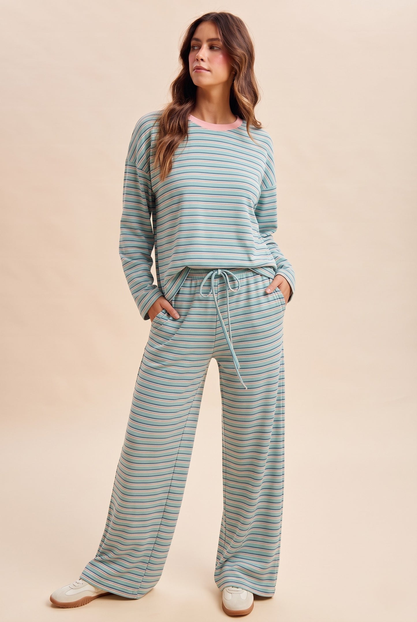 Brushed Stripe Jersey Tee And Drawstring Waist Pants Set