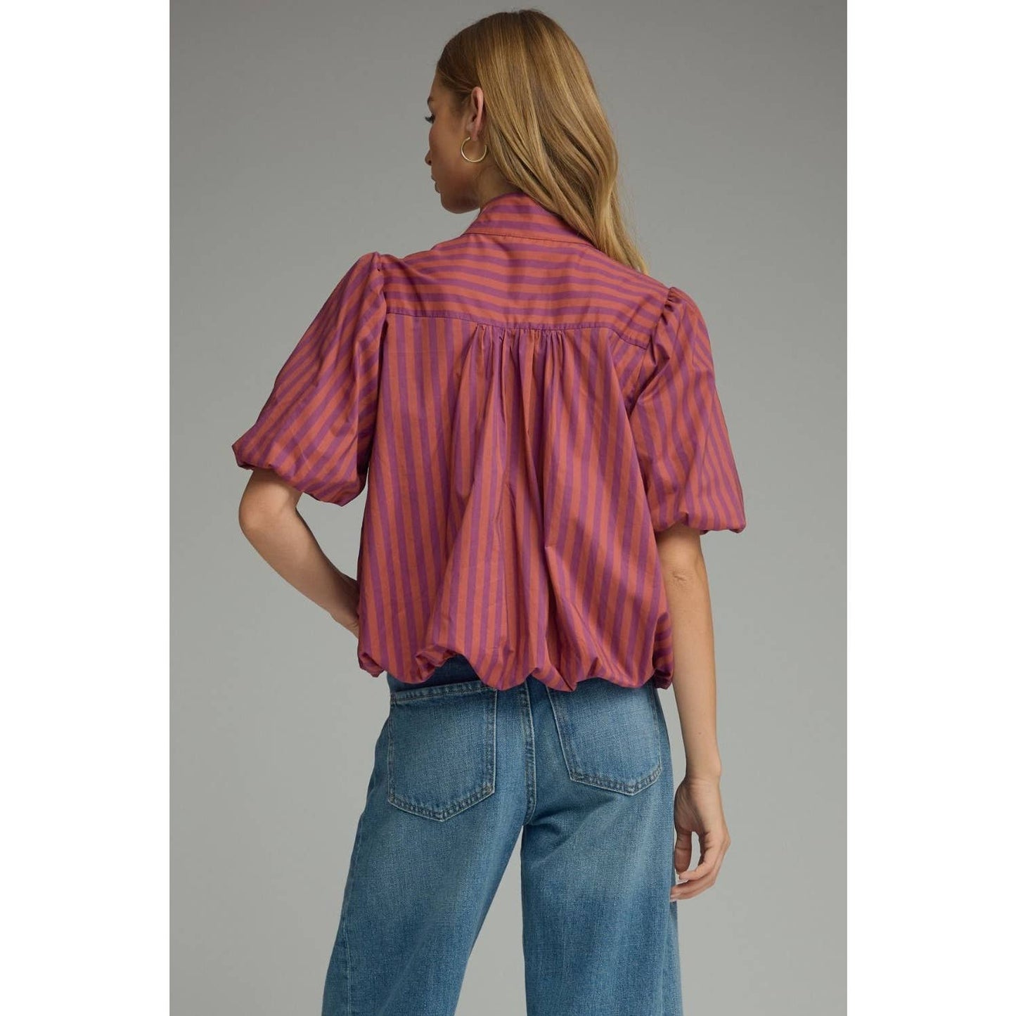Stripe short puff sleeve top