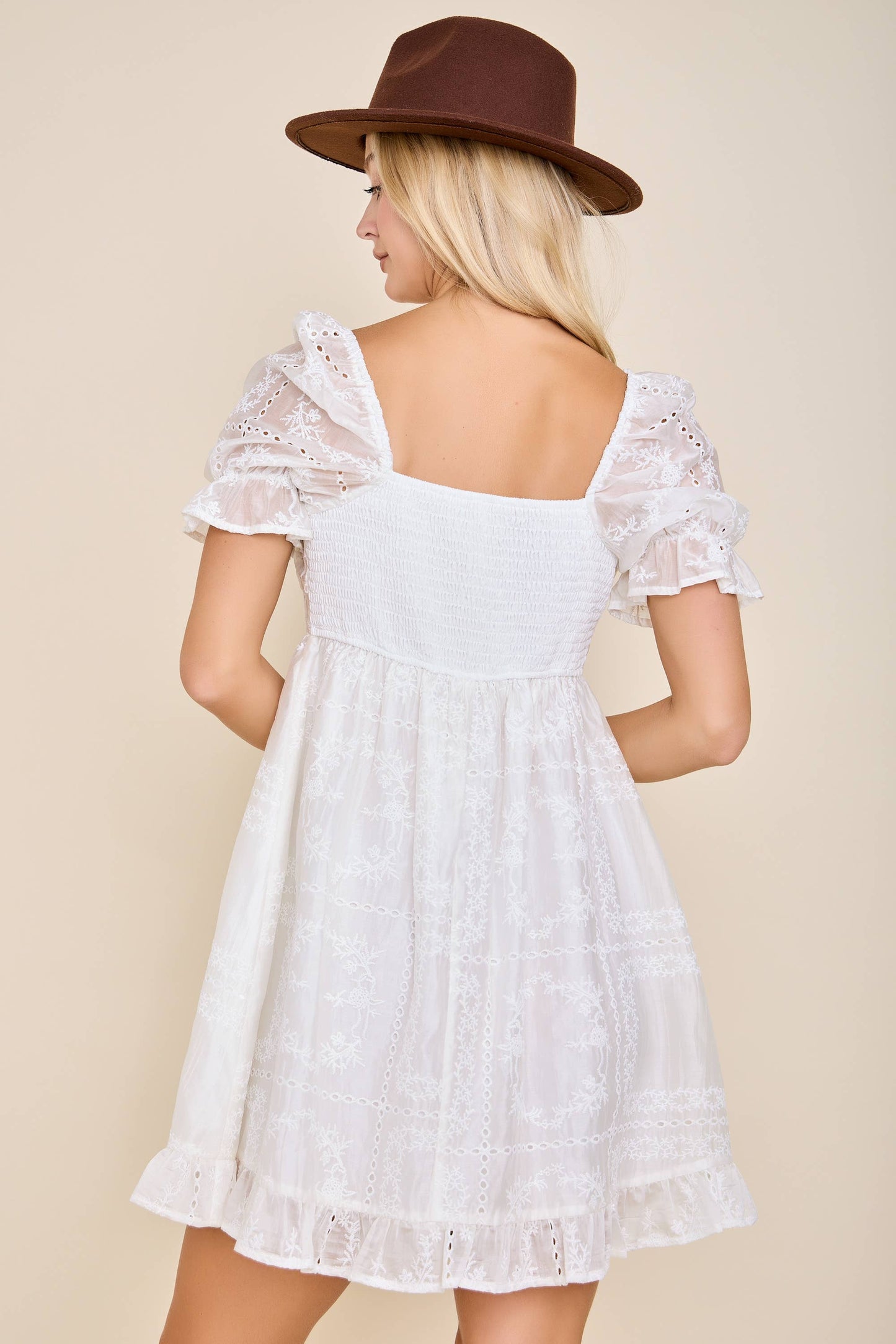 Eyelet Embroidered Puff Sleeve Babydoll Dress