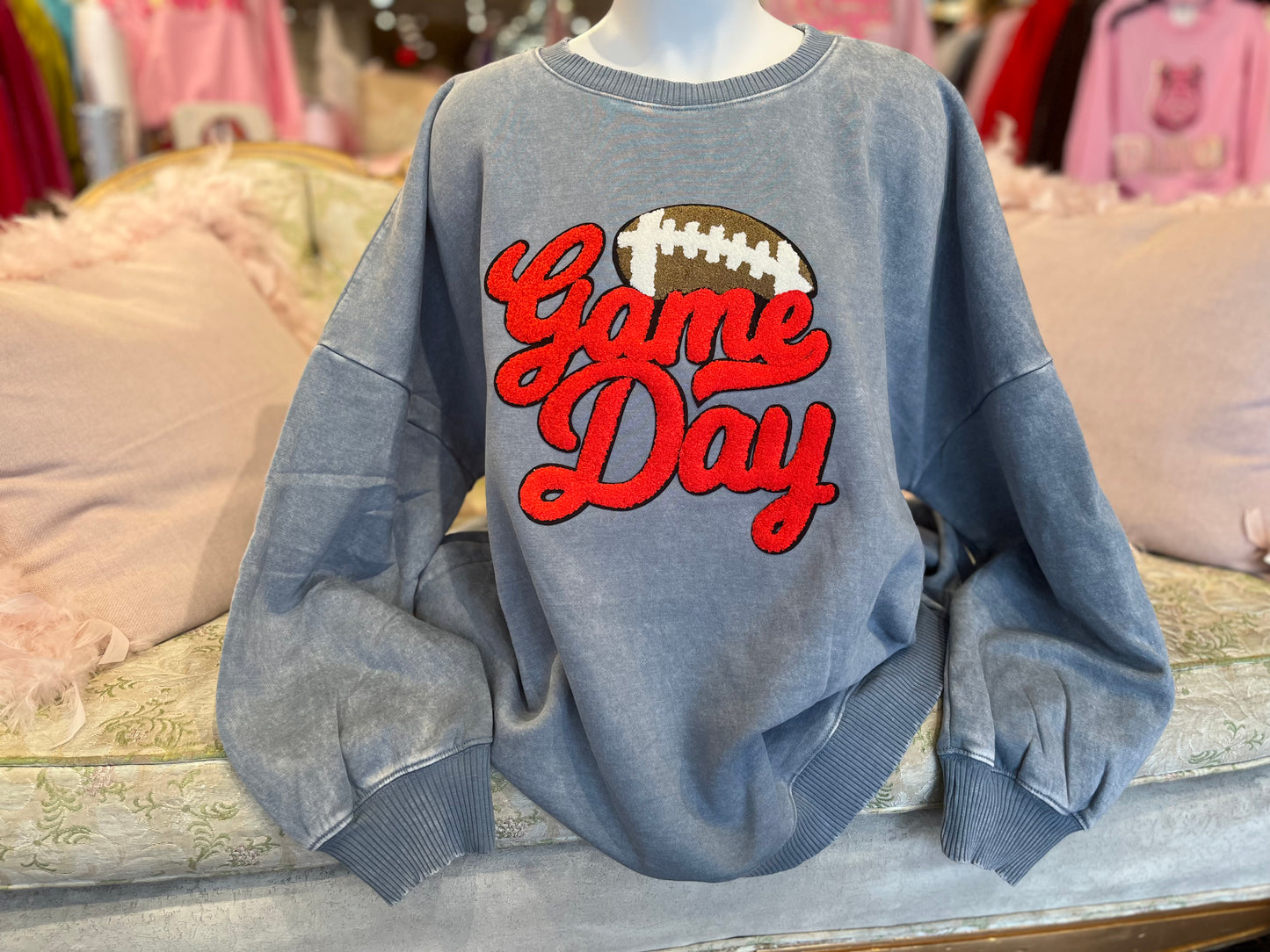 Zenana Vintage Wash Blue Game Day Football Chenille Patch Sweatshirt