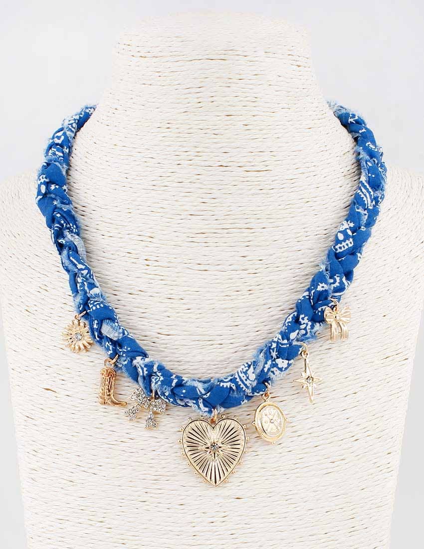 What's Hot - Blue Braided Scarf Necklace with Heart, Bow, and Boot Charms