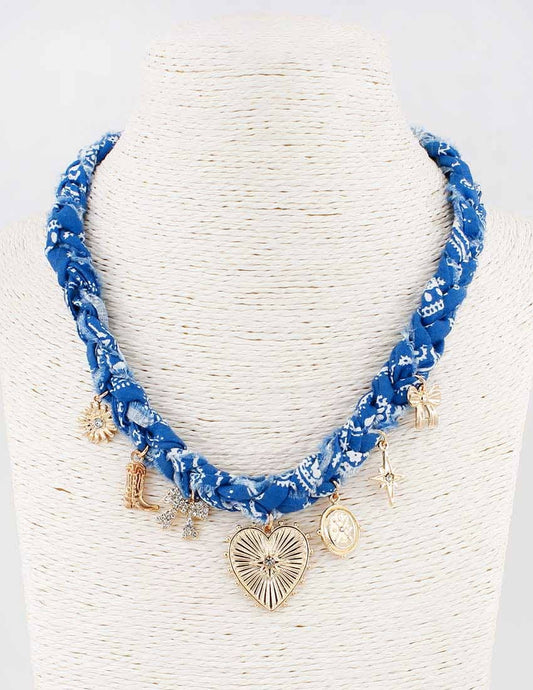 What's Hot - Blue Braided Scarf Necklace with Heart, Bow, and Boot Charms
