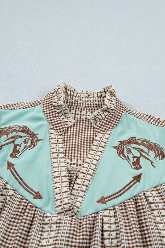 WESTERN PONY EMBROIDERED YOKE PUFF
SLEEVE BLOUSE