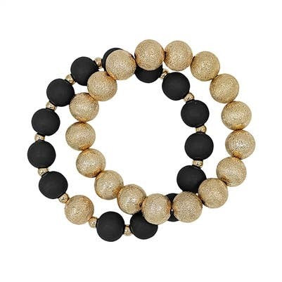 Gold Textured Beaded & Black Wood Set of 2 Bracelet