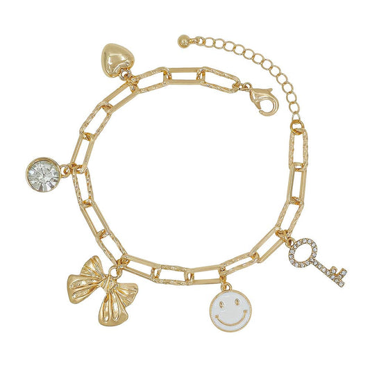 Gold Chain with Bow, White Smile, Heart, and Key Charm Bracelet