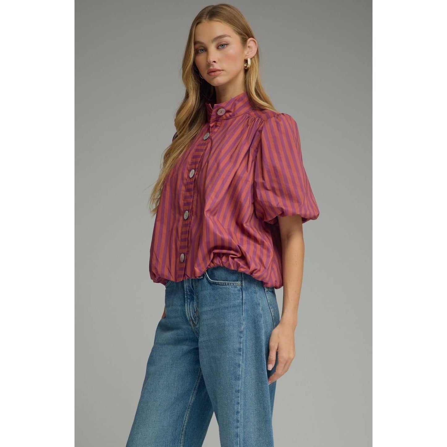 Stripe short puff sleeve top