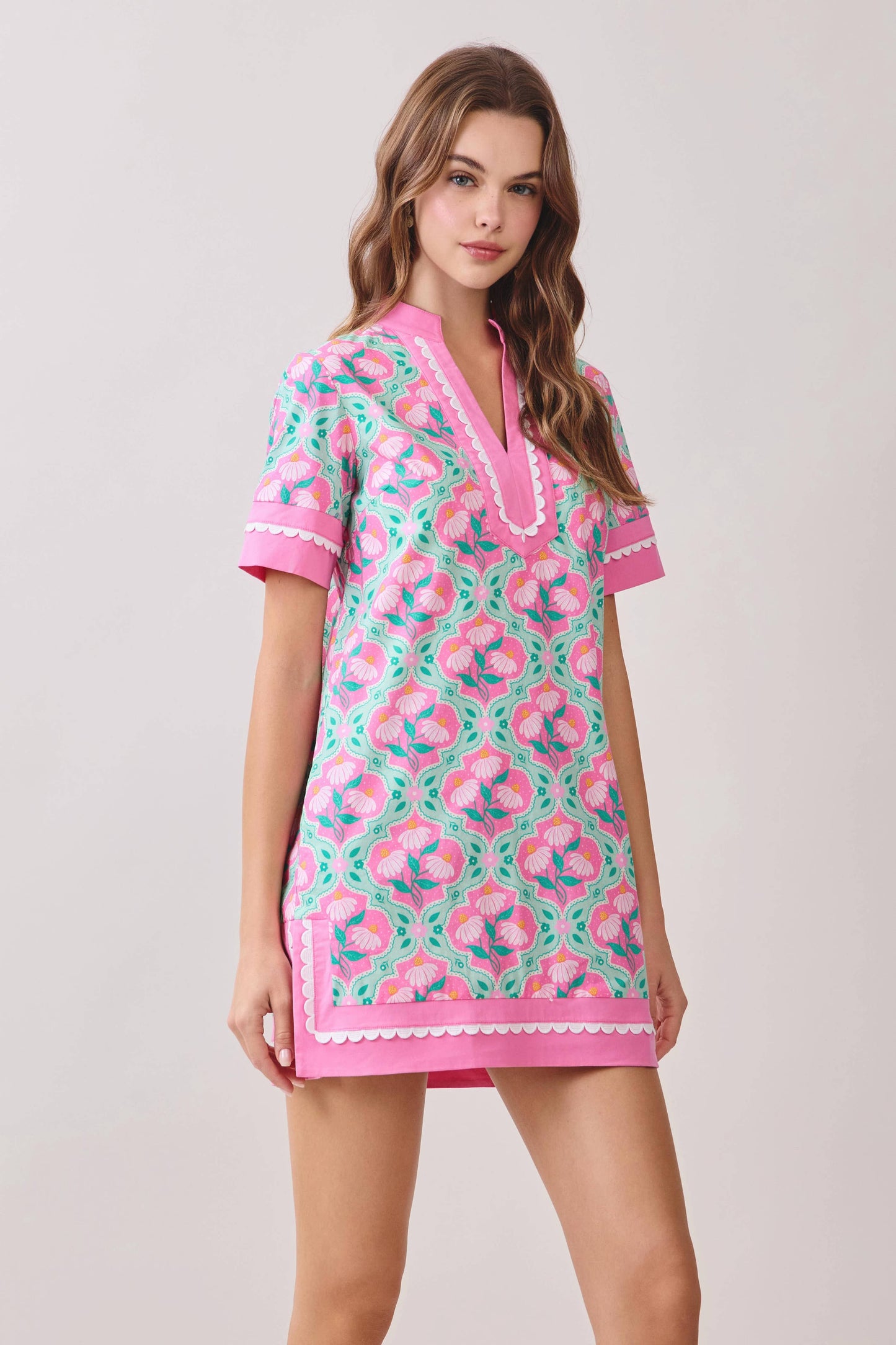 Colorful Floral Print Contrast Borders Shift Dress