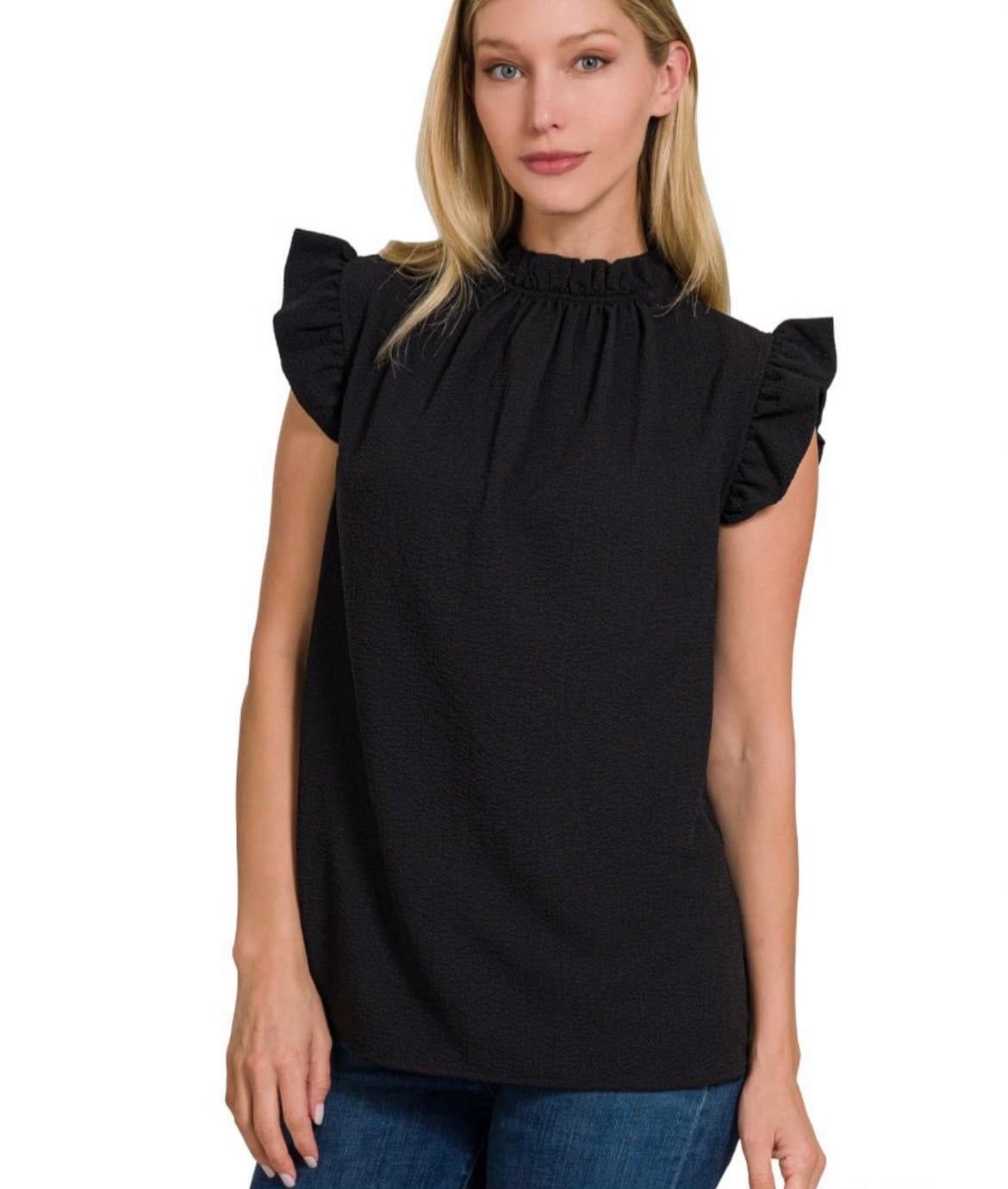 Woven Bubble Airflow Mock Neck Top