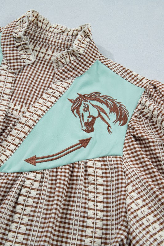 WESTERN PONY EMBROIDERED YOKE PUFF
SLEEVE BLOUSE