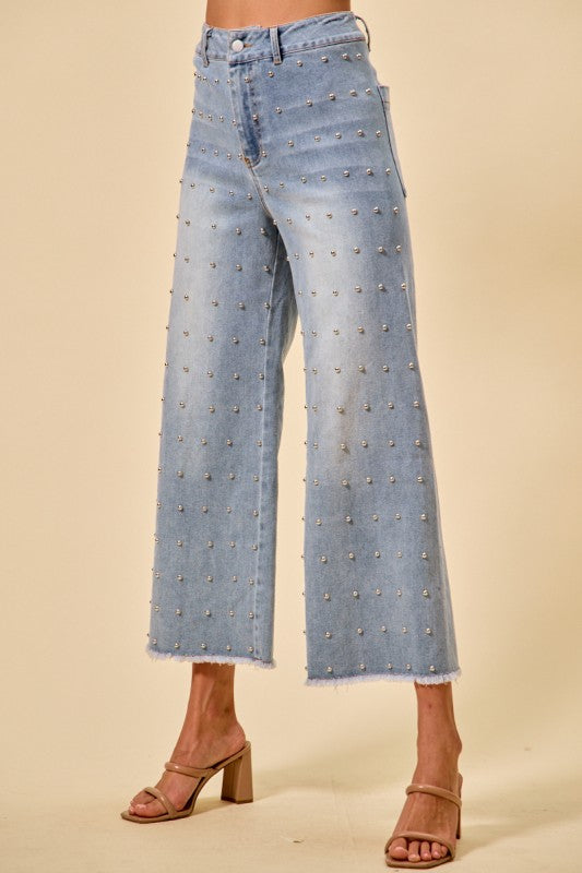Stretch Studed Denim Mid Rise Wide Leg Jeans Pants