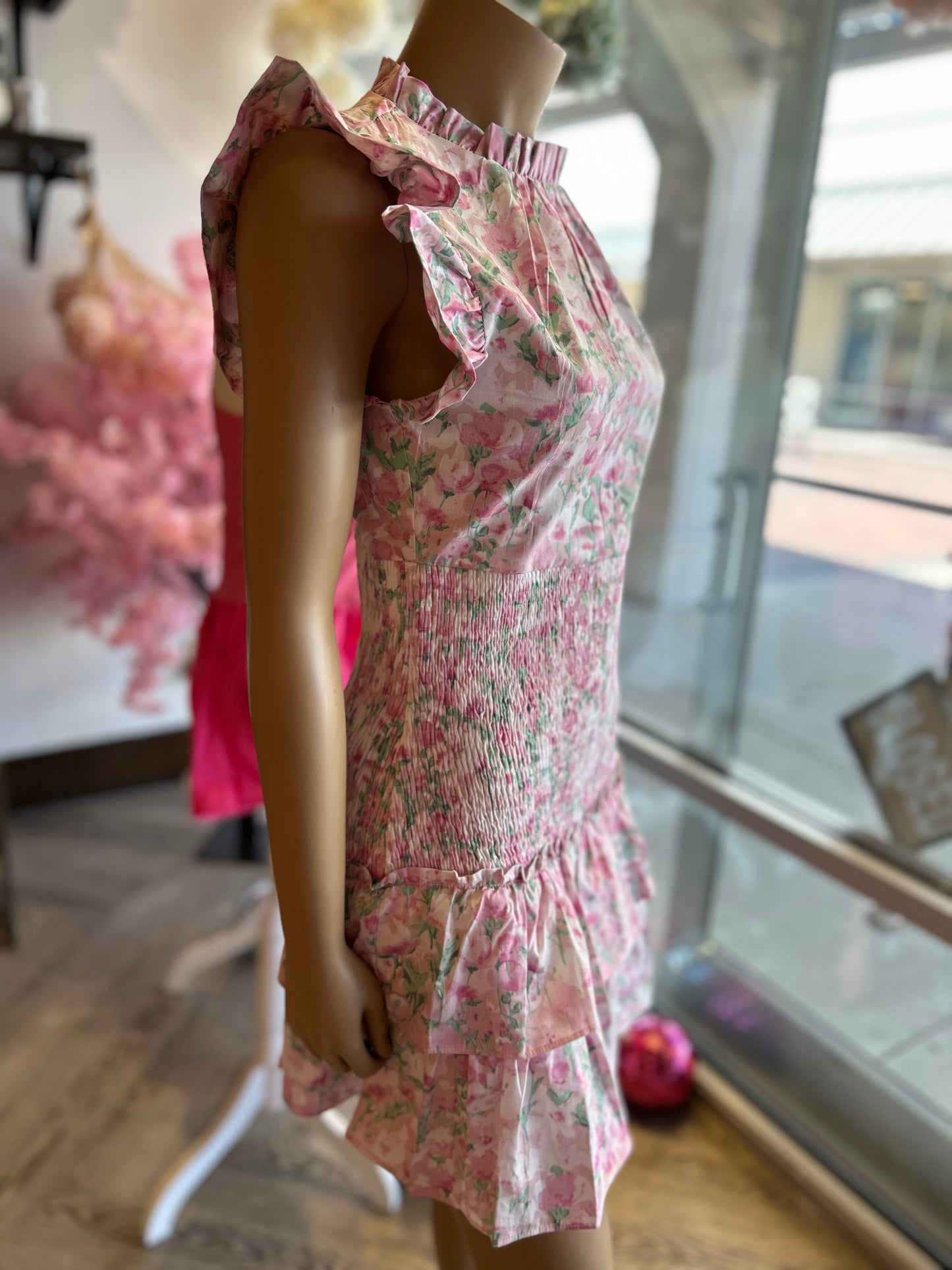 Pink Floral Print Smocked Dress