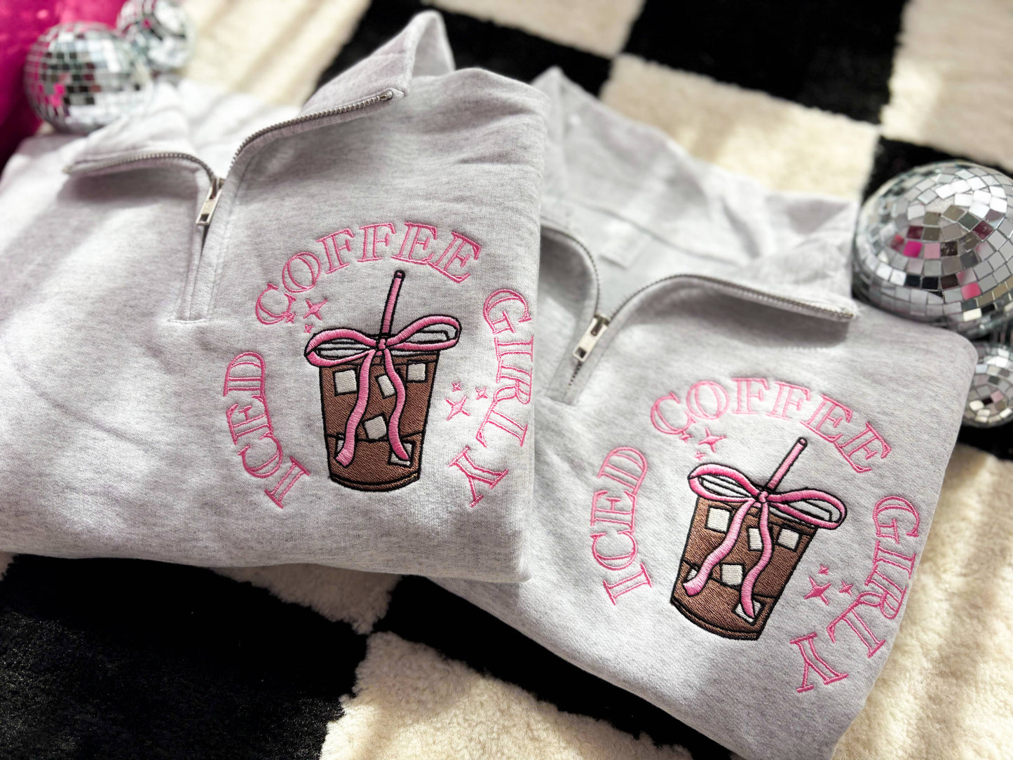 Iced Coffee Girly Embroidered Quarter Zip Sweatshirt – Cozy