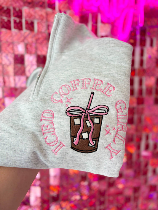 Iced Coffee Girly Embroidered Quarter Zip Sweatshirt – Cozy