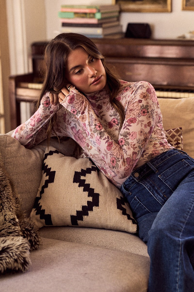 Floral Print Mesh Knit Long Sleeves Top