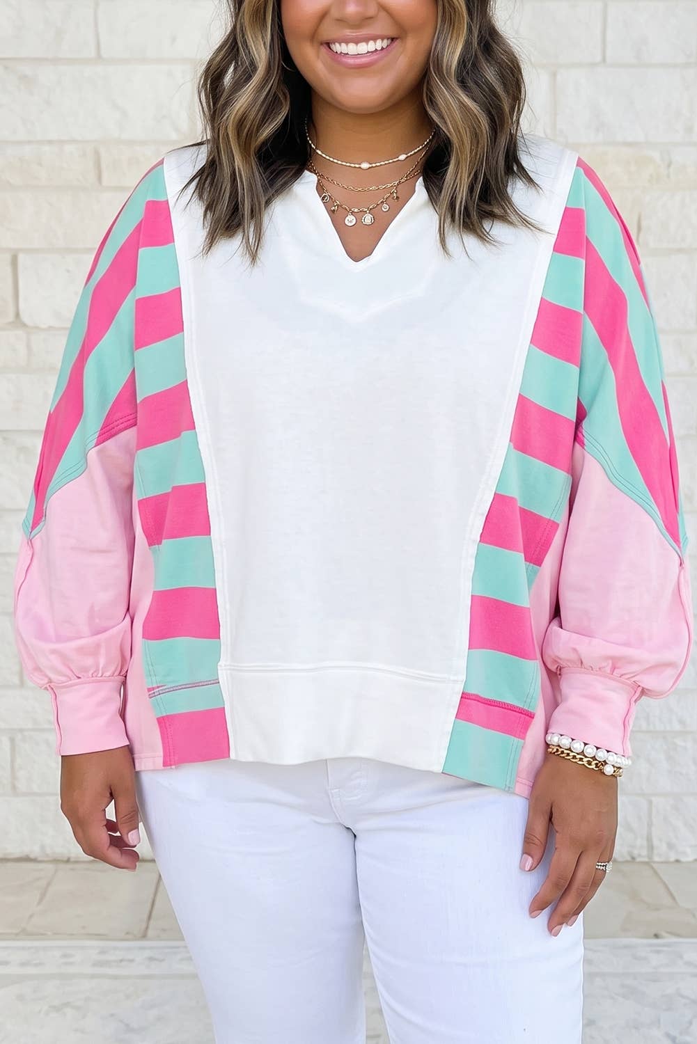 Striped Colorblock V Neck Shift Long Sleeve Plus Size Blouse