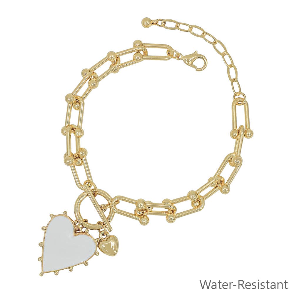 What's Hot - Gold Chain with White Studded Heart Charm Bracelet
