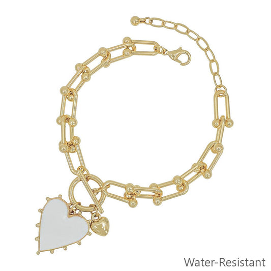 What's Hot - Gold Chain with White Studded Heart Charm Bracelet