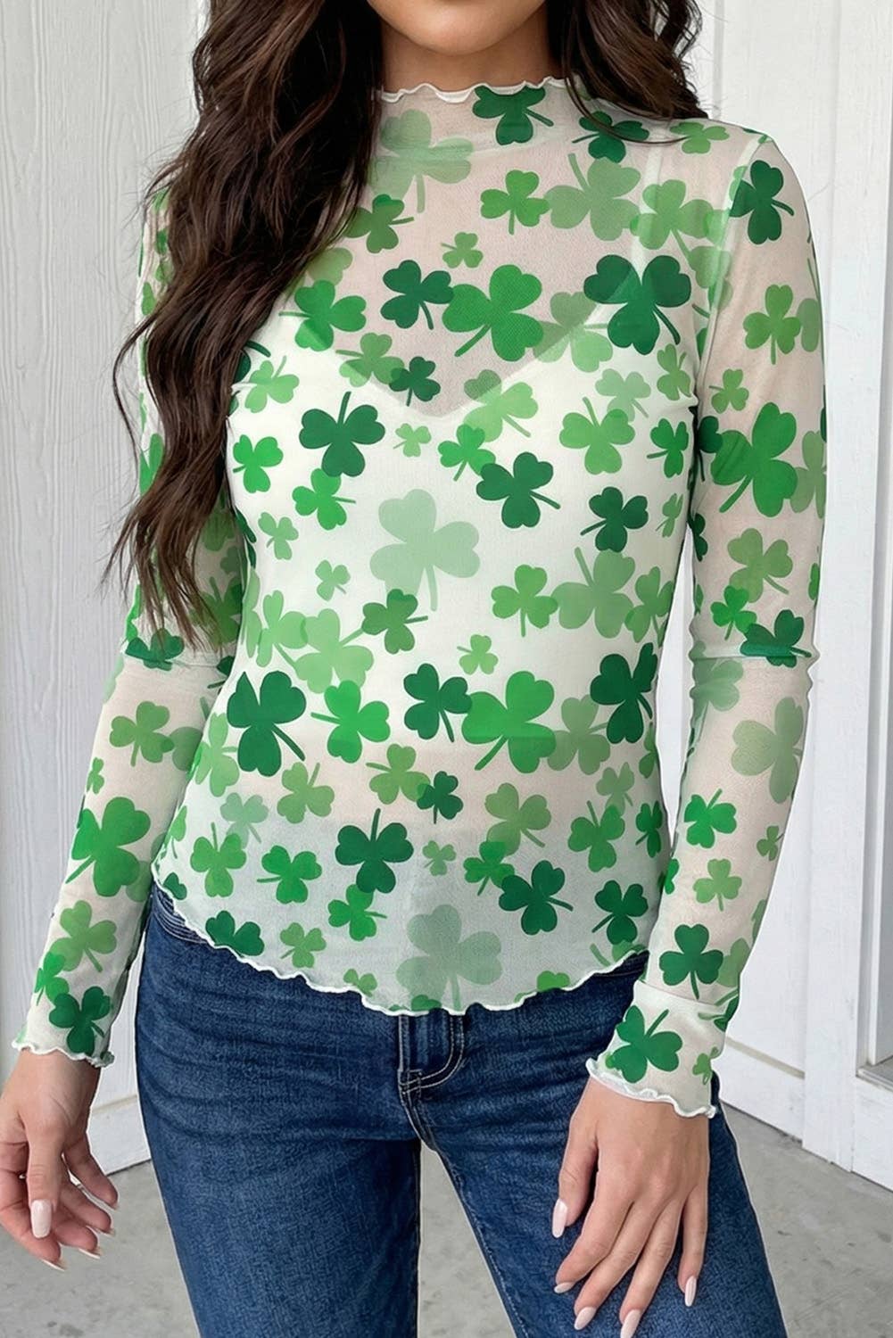 Shamrock Lettuce Trim Mesh Long Sleeve Top