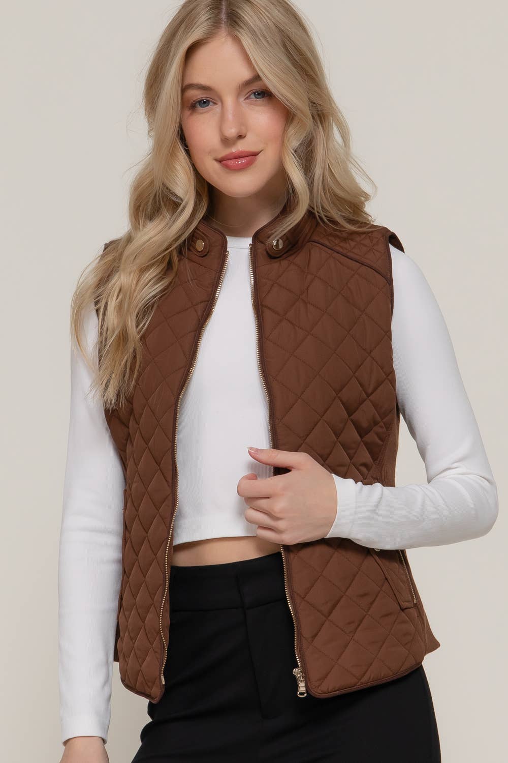 Suede Piping Detail Rib Quilted Padding Vest