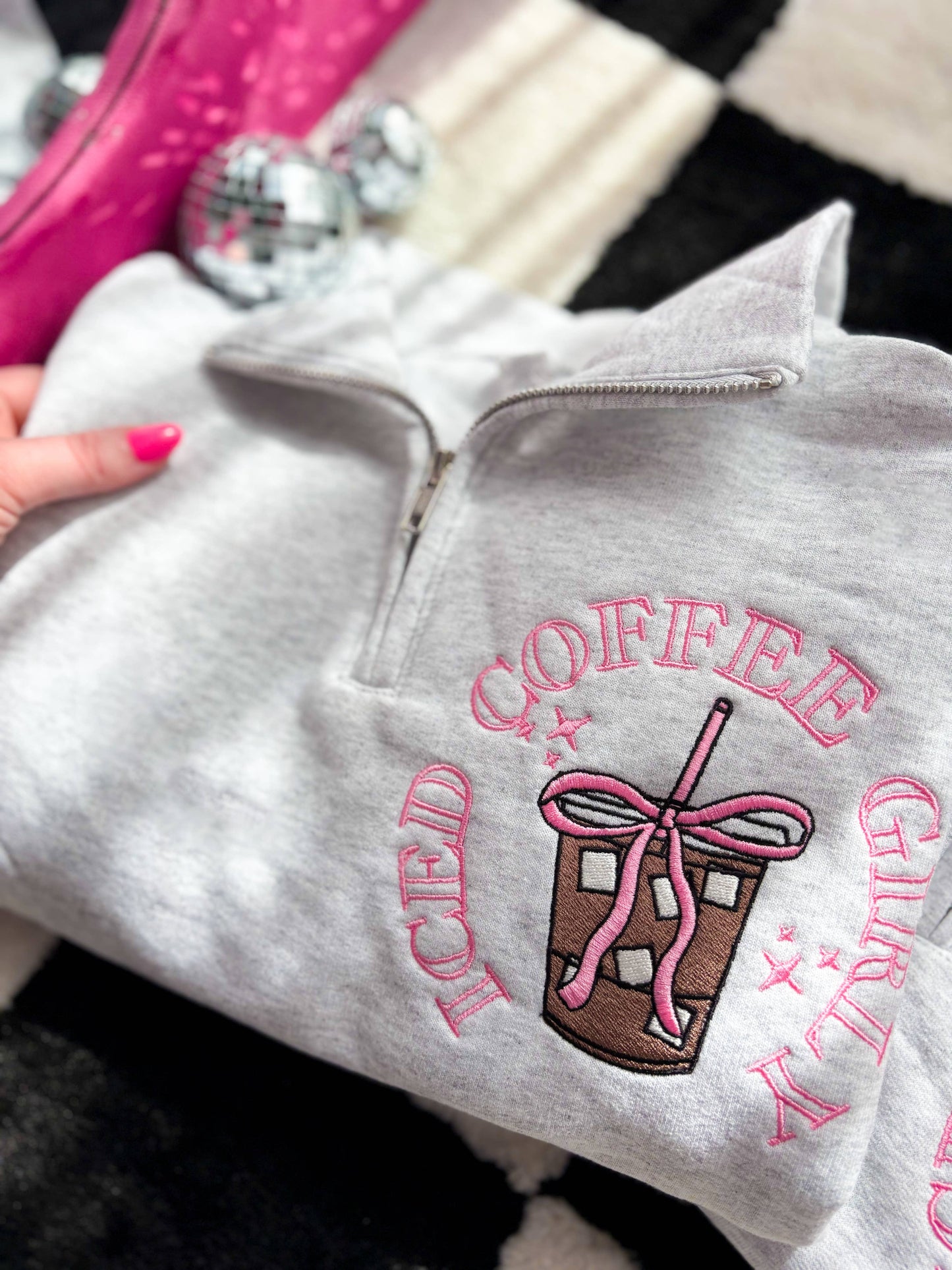 Iced Coffee Girly Embroidered Quarter Zip Sweatshirt – Cozy