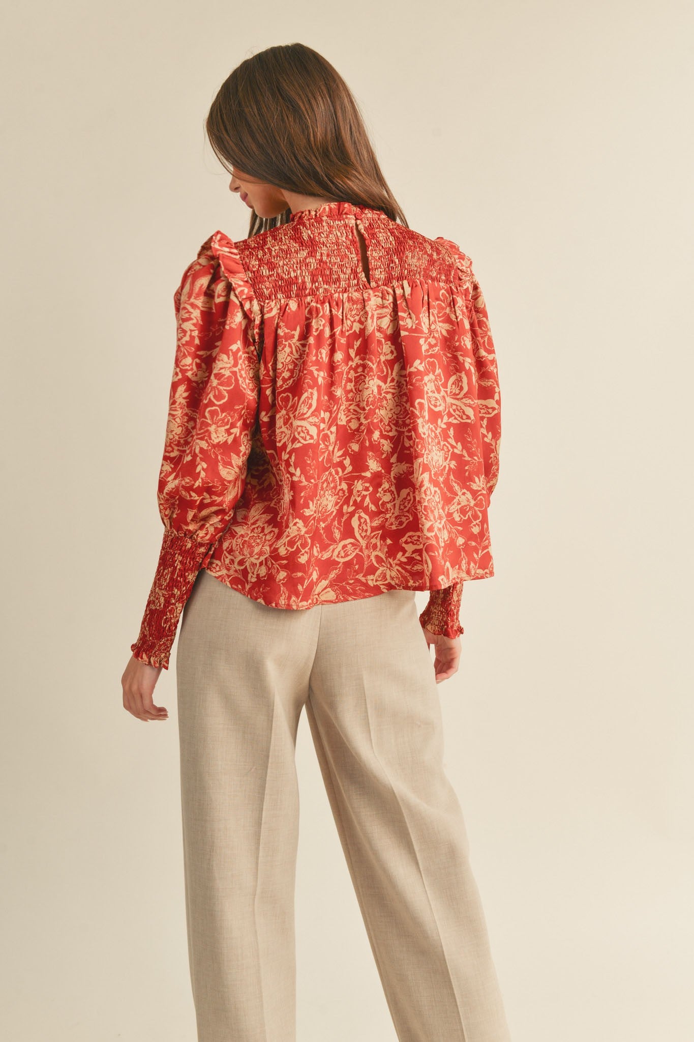 RUFFLED SMOCKED YOKE BLOUSE