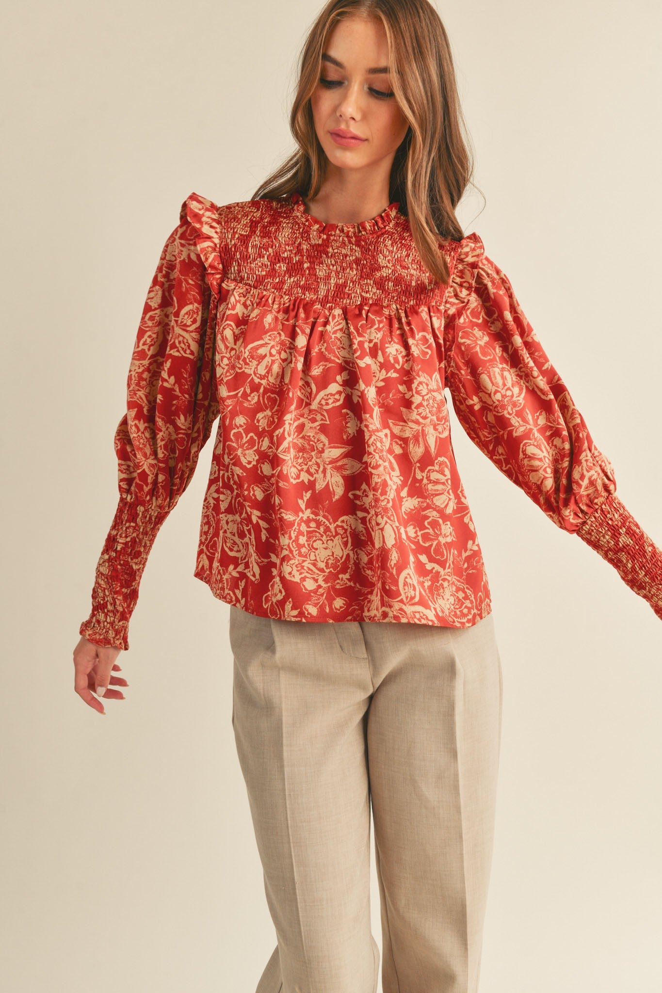 RUFFLED SMOCKED YOKE BLOUSE