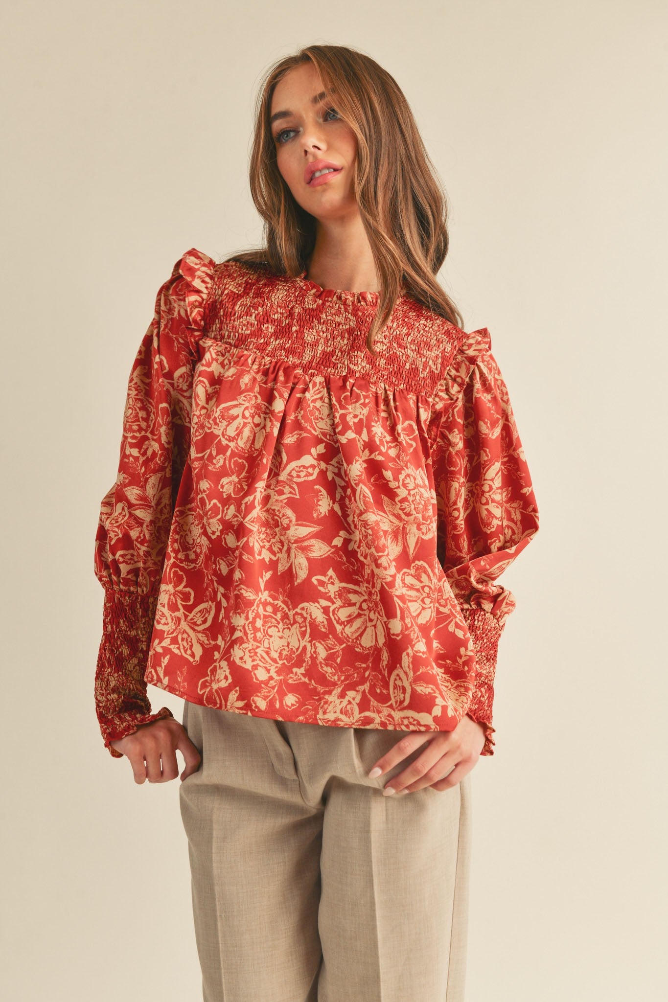 RUFFLED SMOCKED YOKE BLOUSE