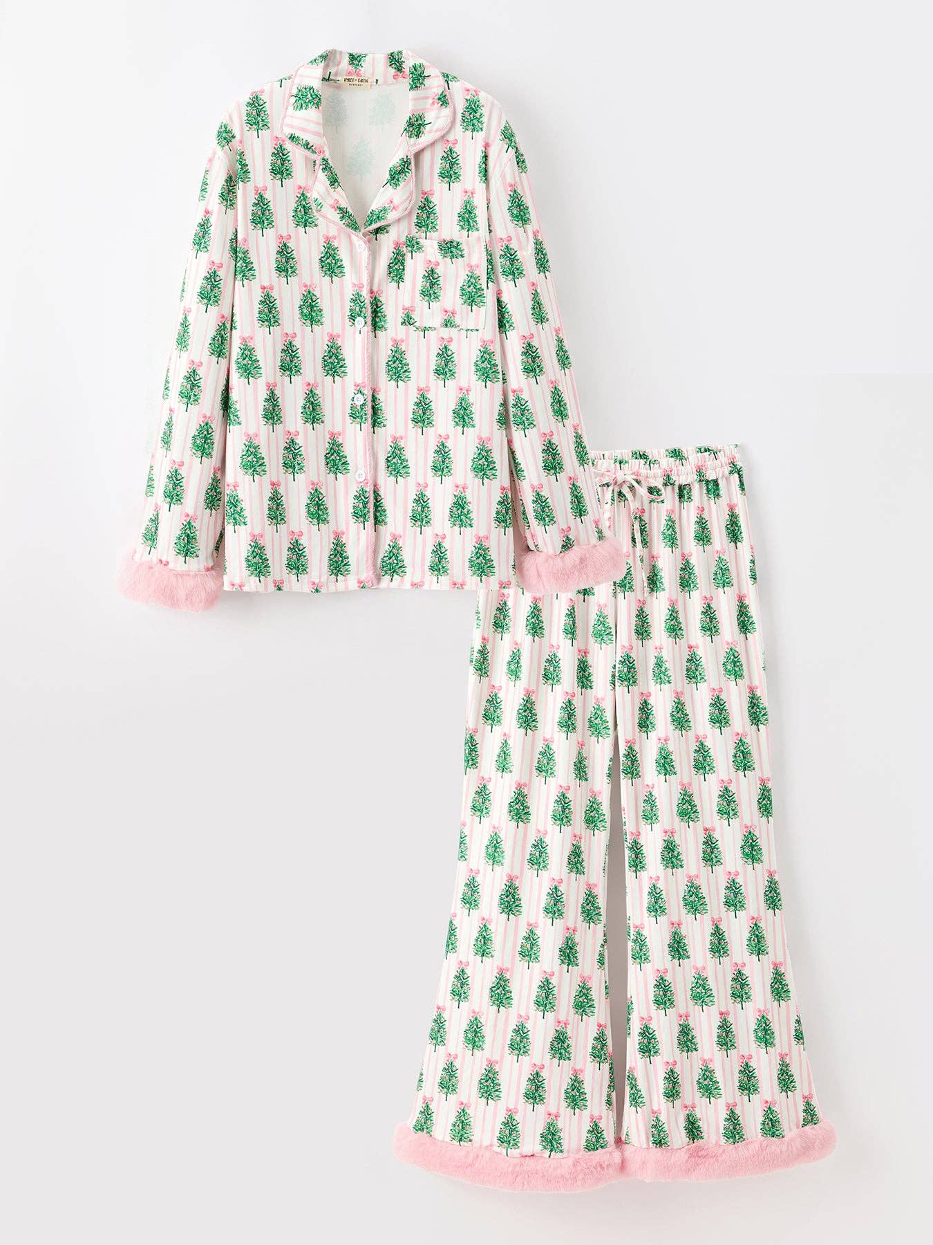 Mommy and Me Christmas Tree Print Pajama Set with Faux Fur Trim
