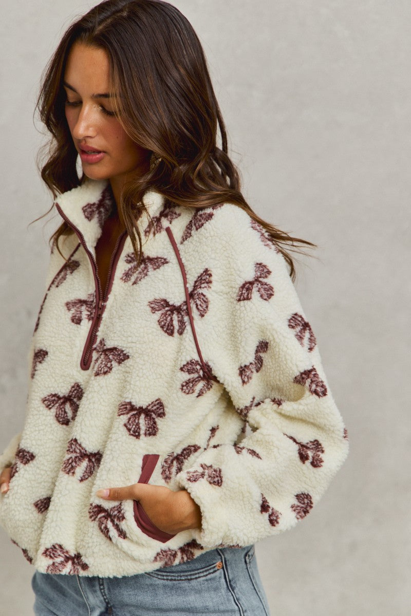 Front Zipper Ribbon Sherpa Pullover Jacket