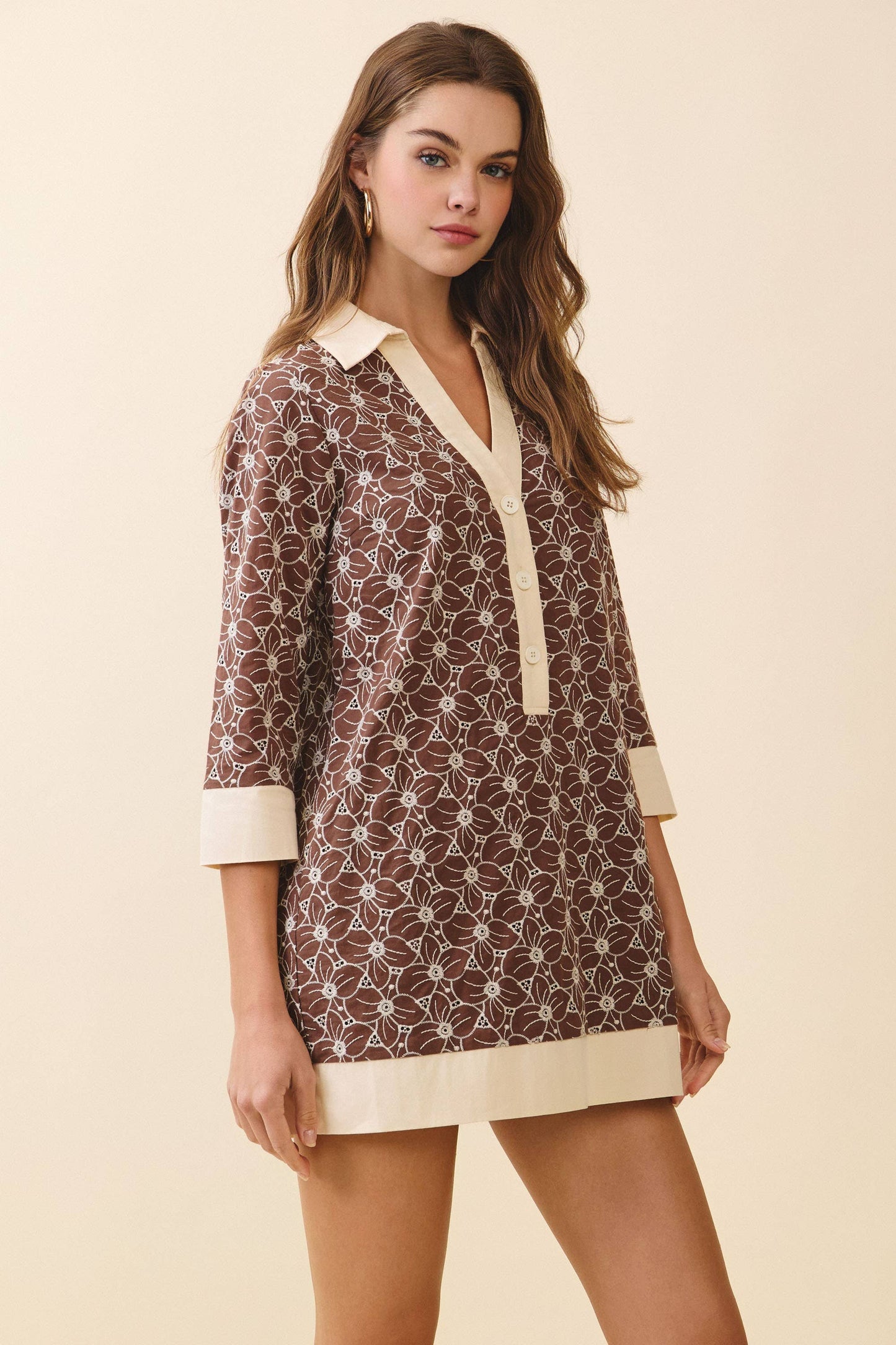 Floral Print Contrast Collar and Hem Tunic Dress
