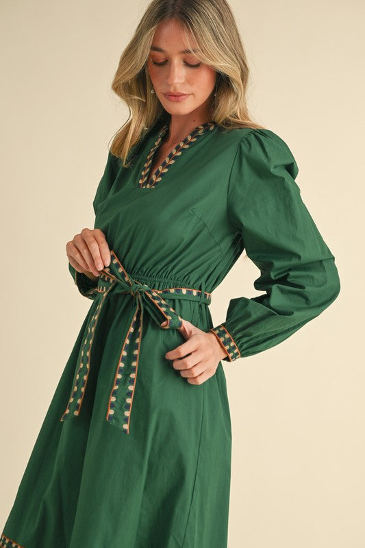 EMBROIDERED PUFF SLEEVE MIDI DRESS